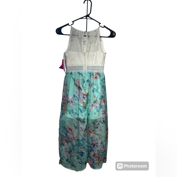 Amy Byer Girls Floral Print w/ Lace‎ Detail Midi Dress Size 7 Turquoise NWT! - Picture 2 of 5